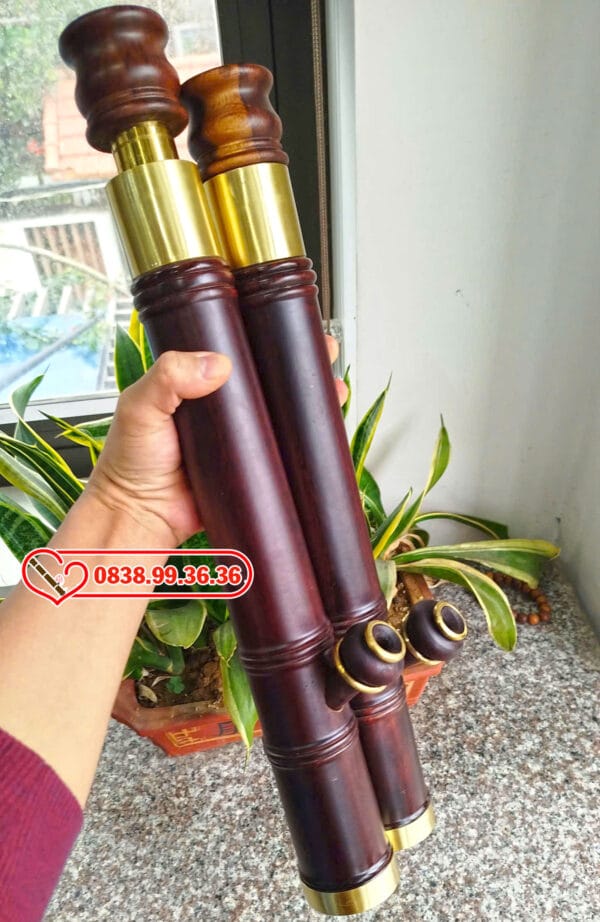 Điếu Cày Mini Gỗ Mun Hoa 45cm Bọc Đồng Trơn M52