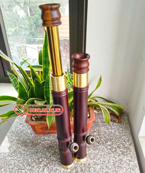 Điếu Cày Mini Gỗ Mun Hoa 45cm Bọc Đồng Trơn M52