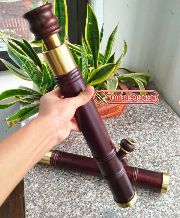Điếu Cày Mini Gỗ Mun Hoa 45cm Bọc Đồng Trơn M52